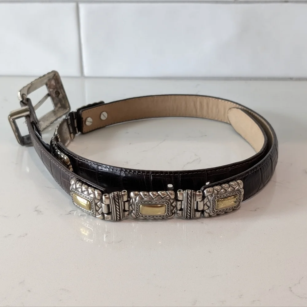 Vintage Brighton Brown Leather Belt with Silver and Gold Accents Size M - Picture 1 of 12